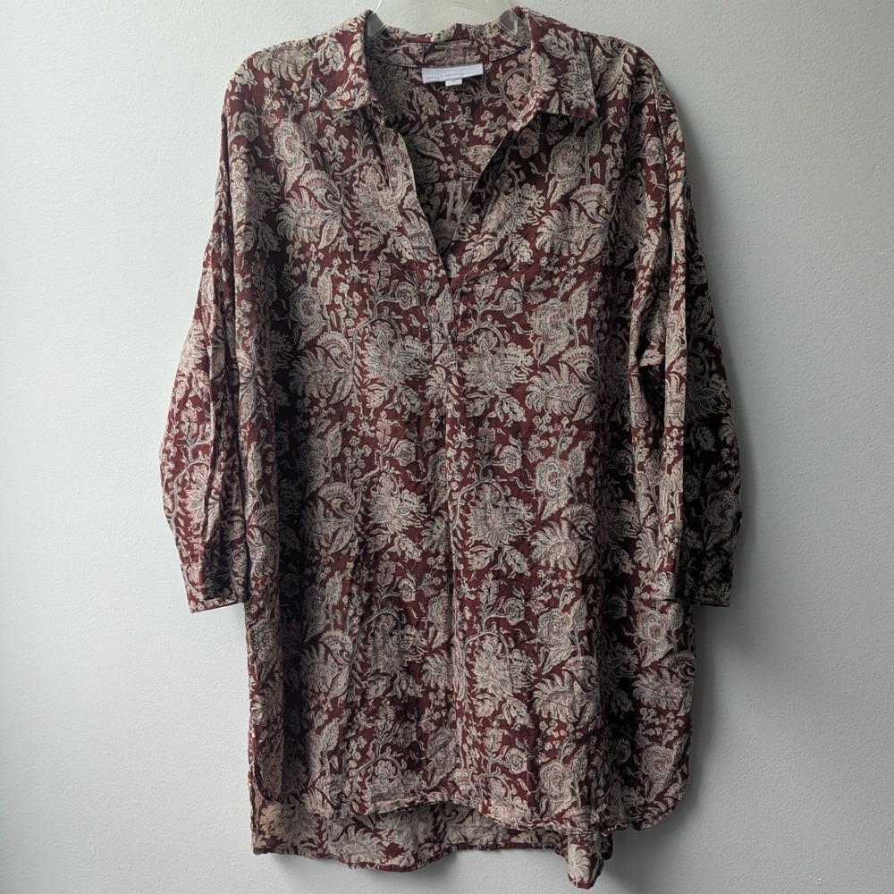 Pure Jill Tunic Top Burgundy Floral Paisley Organic Cotton Sz XL Lagenlook Boho